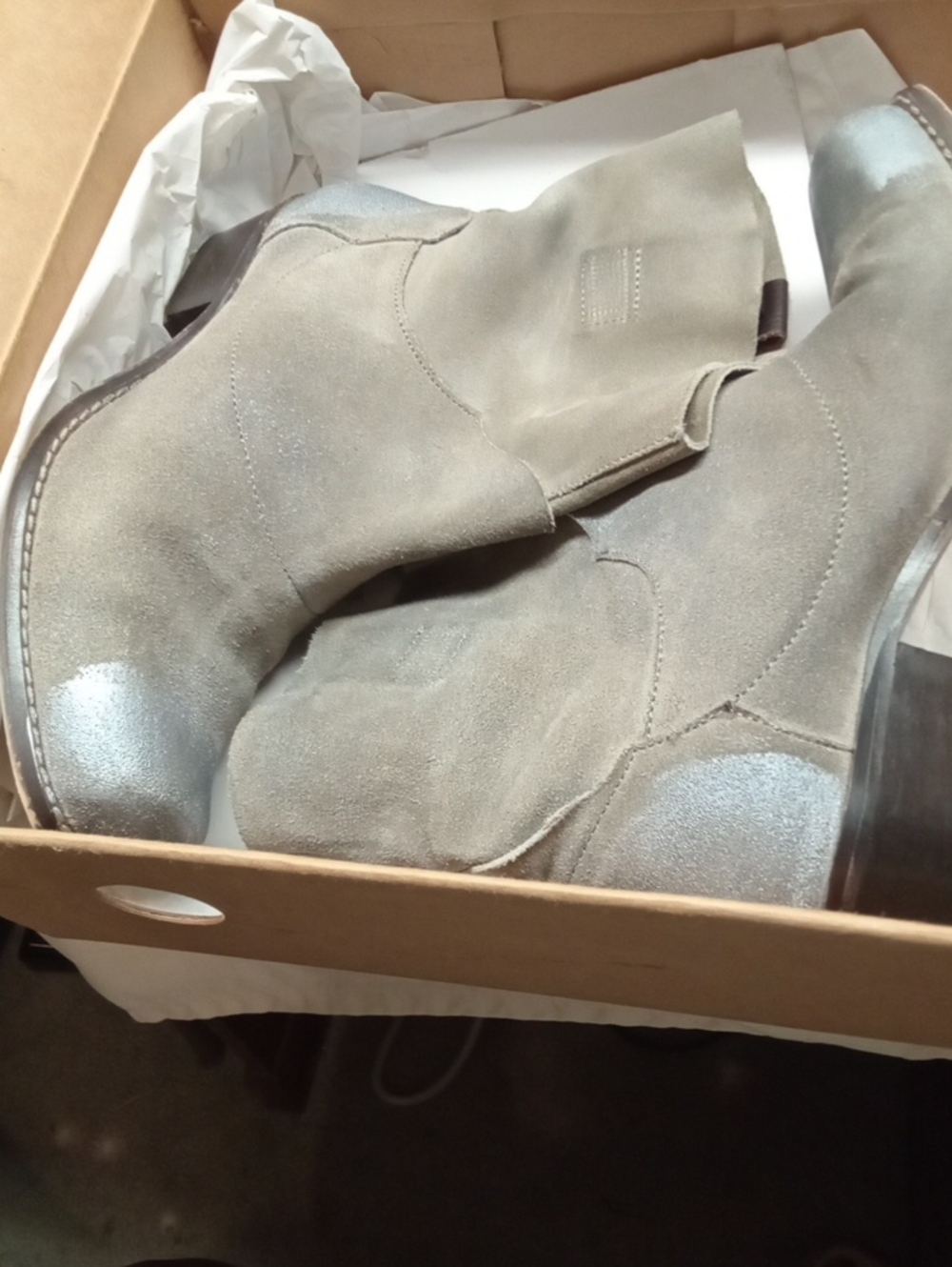 Matisse Gray Suede Ankle Booties with Metallic Silver Toe & Heel